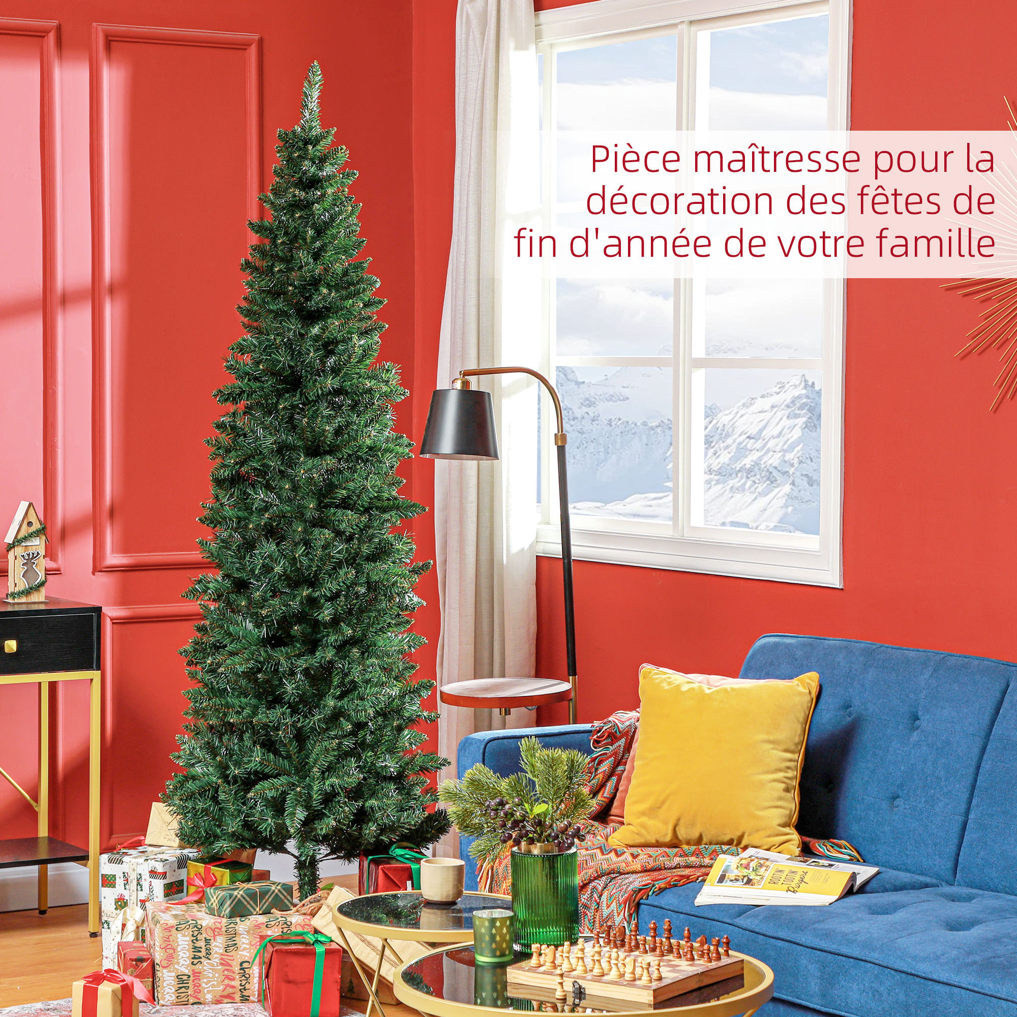 Sapin de Noël artificiel 210 cm slim avec support en acier pliable, 687 branches épines, décoration de Noël effet réaliste, vert