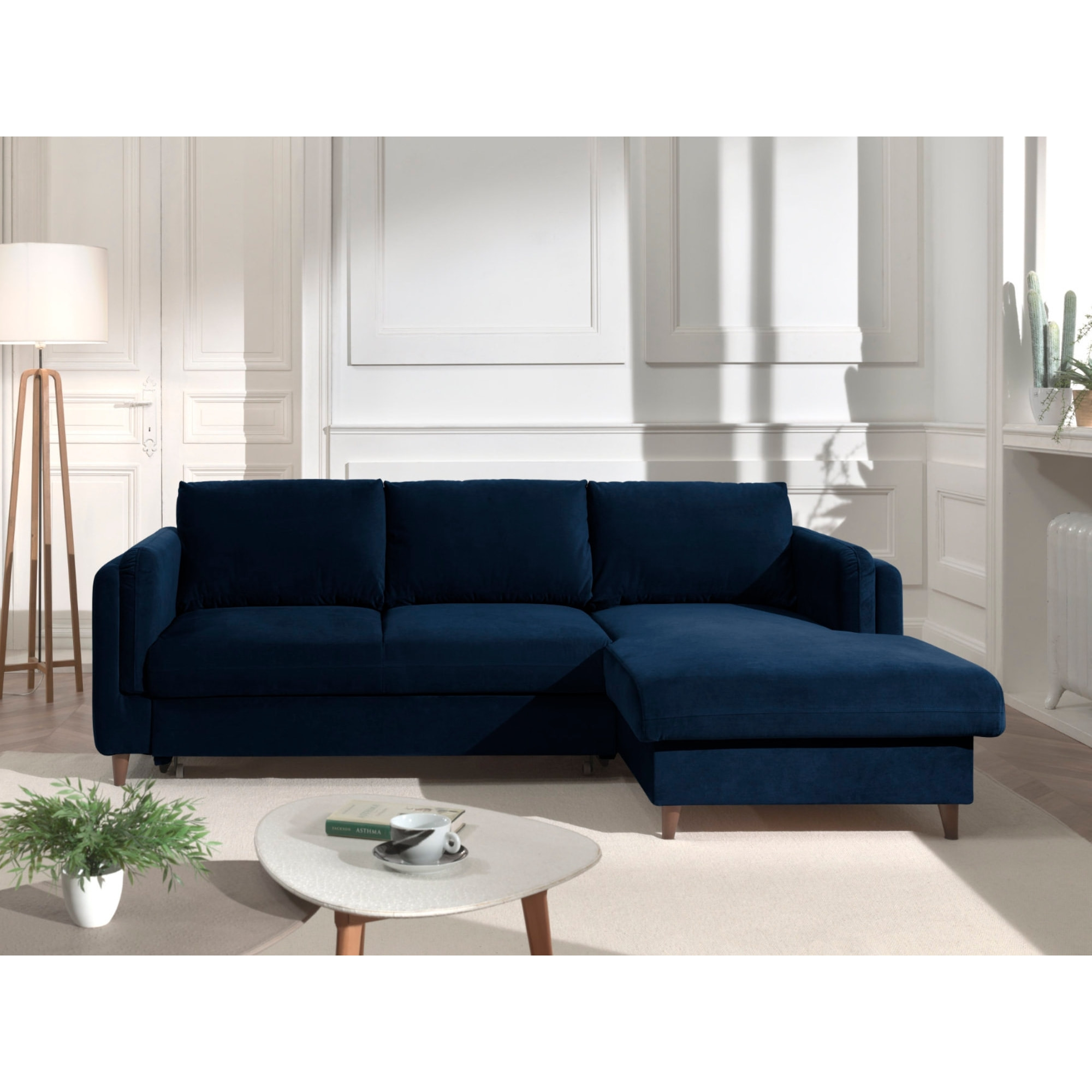 Brooke - canapé d'angle droit - convertible avec coffre - 4 places - en velours - Bleu nuit