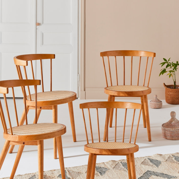 Lot de 4 chaises naturelles en bois et cannage. Nora. L 53 x P 53.5 x H 76cm
