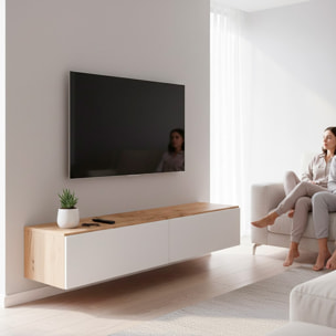 Mobile TV Sospeso Da 180 Cm Parete Attrezzata Con 2 Ante Push Porta TV Moderno In Pannelli Melaminici E1 180 x 34,5 x 28 Cm Rovere E Bianco Opaco