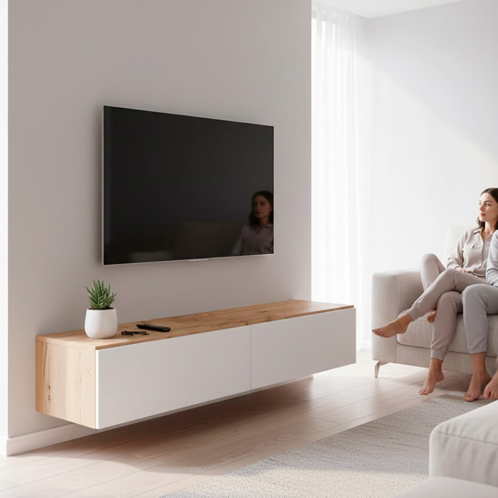 Mobile TV Sospeso Da 180 Cm Parete Attrezzata Con 2 Ante Push Porta TV Moderno In Pannelli Melaminici E1 180 x 34,5 x 28 Cm Rovere E Bianco Opaco