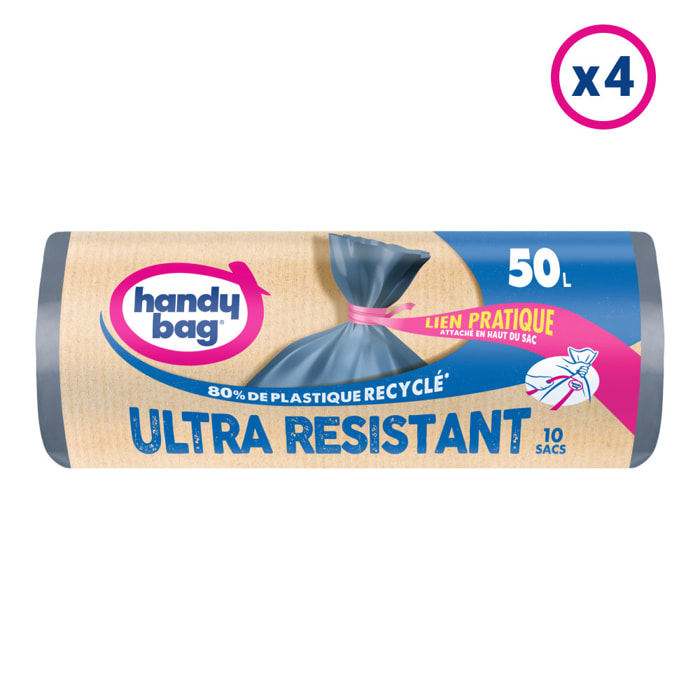 4x10 Sacs Poubelle 50L à lien pratique Ultra Résistant Handy-Bag - 80% de plastique recyclé