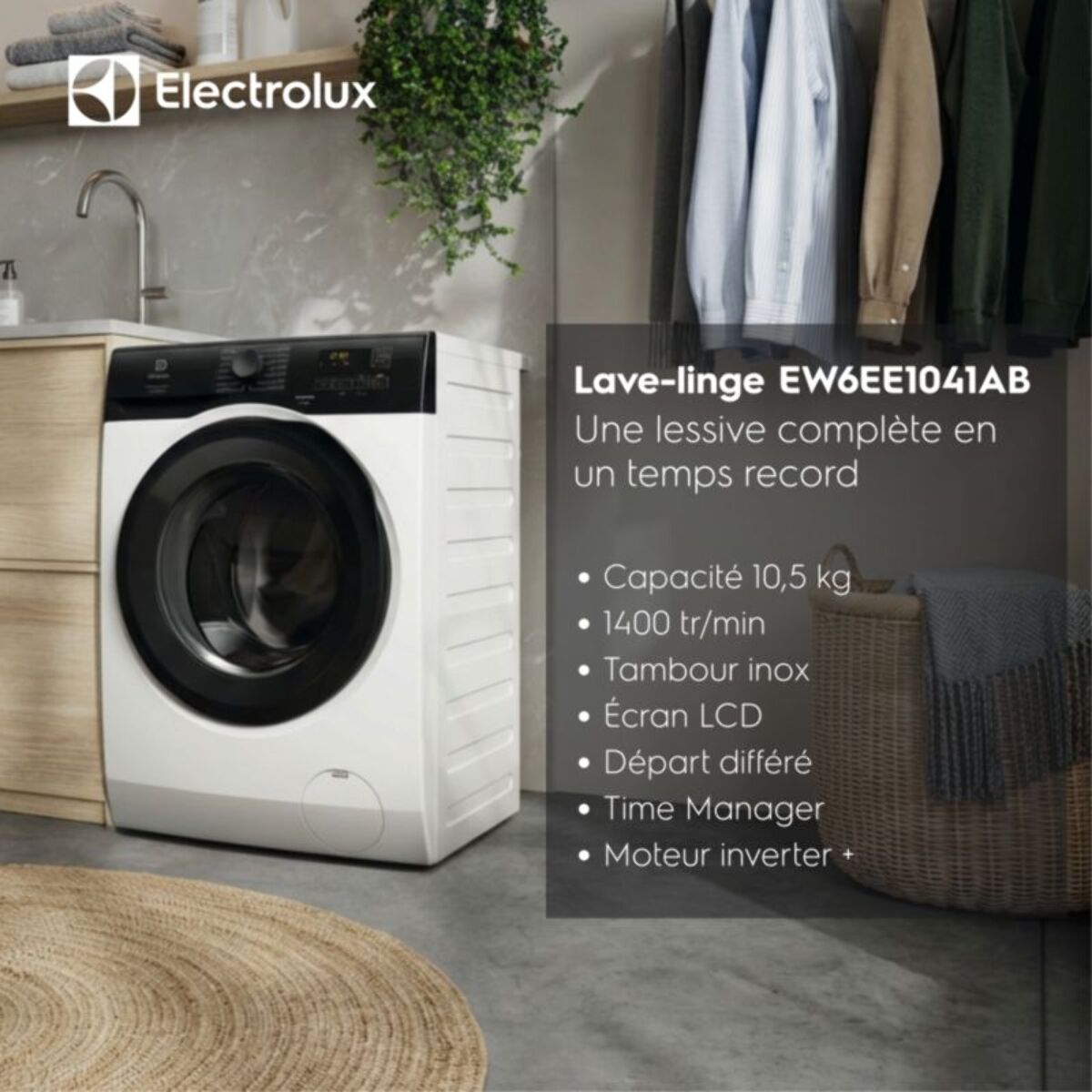 Lave linge hublot ELECTROLUX EW6EE1041AB - 10,5 kg - 1400 tr/min - Classe A - Moteur induction