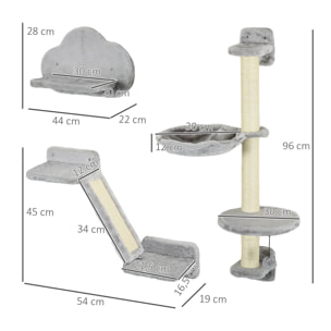 Juego de Pared de Escalada para Gatos de 3 Piezas, Estanterías de Pared para Gatos con Hamaca, Rampa con Rascador, Plataforma en Forma de Nube para Saltar, Gris
