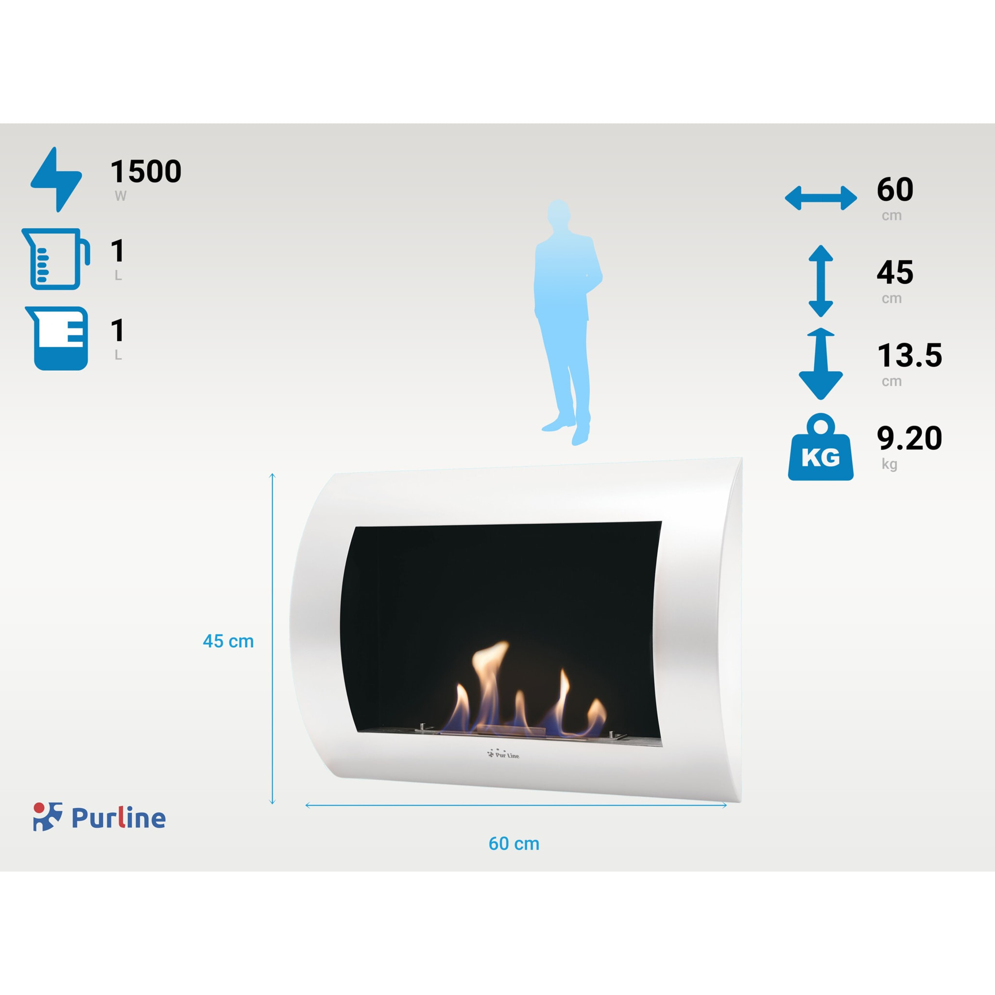 Chimenea de Etanol mural con panel frontal curvado INOX-CLASIC W PURLINE 1500 W
