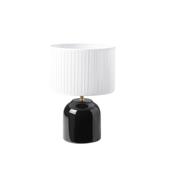 Lampe à poser noire en céramique brillante et abat-jour en tissu plissé blanc H35 cm PIEGA