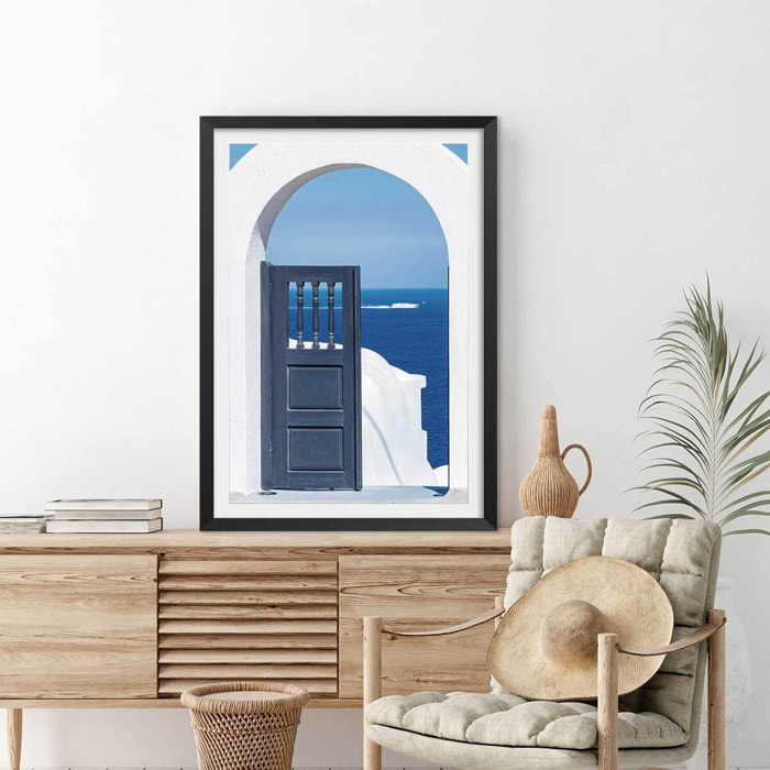 Poster porte bleue oia Affiche + cadre en bois - Noir