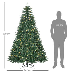 HOMCOM Árbol de Navidad con 700 Luces LED Blanco Cálido, 210 cm, Árbol de Navidad Artificial con 2154 Ramas de PVC Ignífugo, Soporte Metálico Plegable, Verde