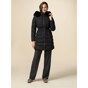 Oltre - Midi down jacket with belt and furry edge - Negro