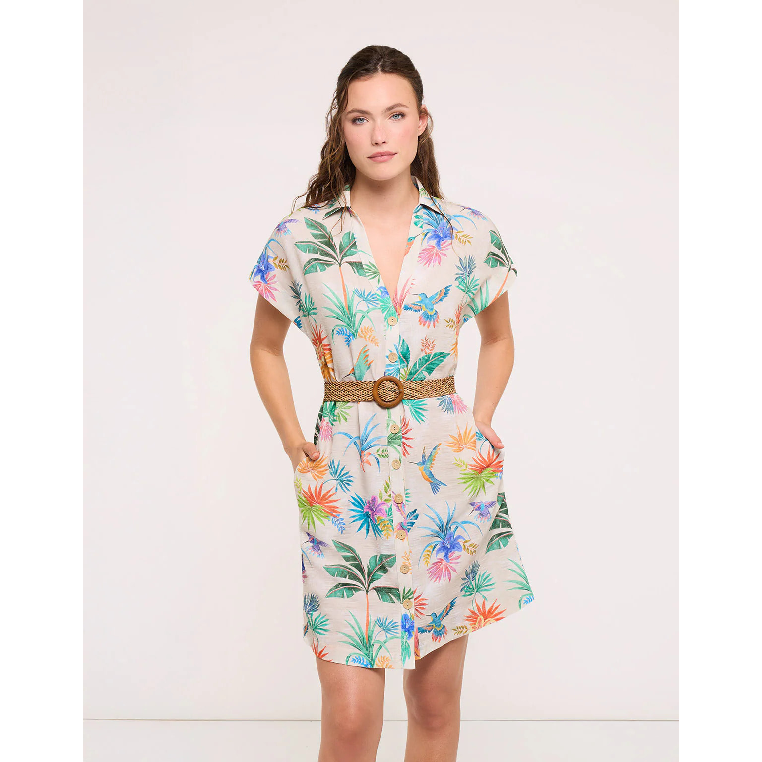 Vestido Camisero Colibríes con Cinturón - Calimea