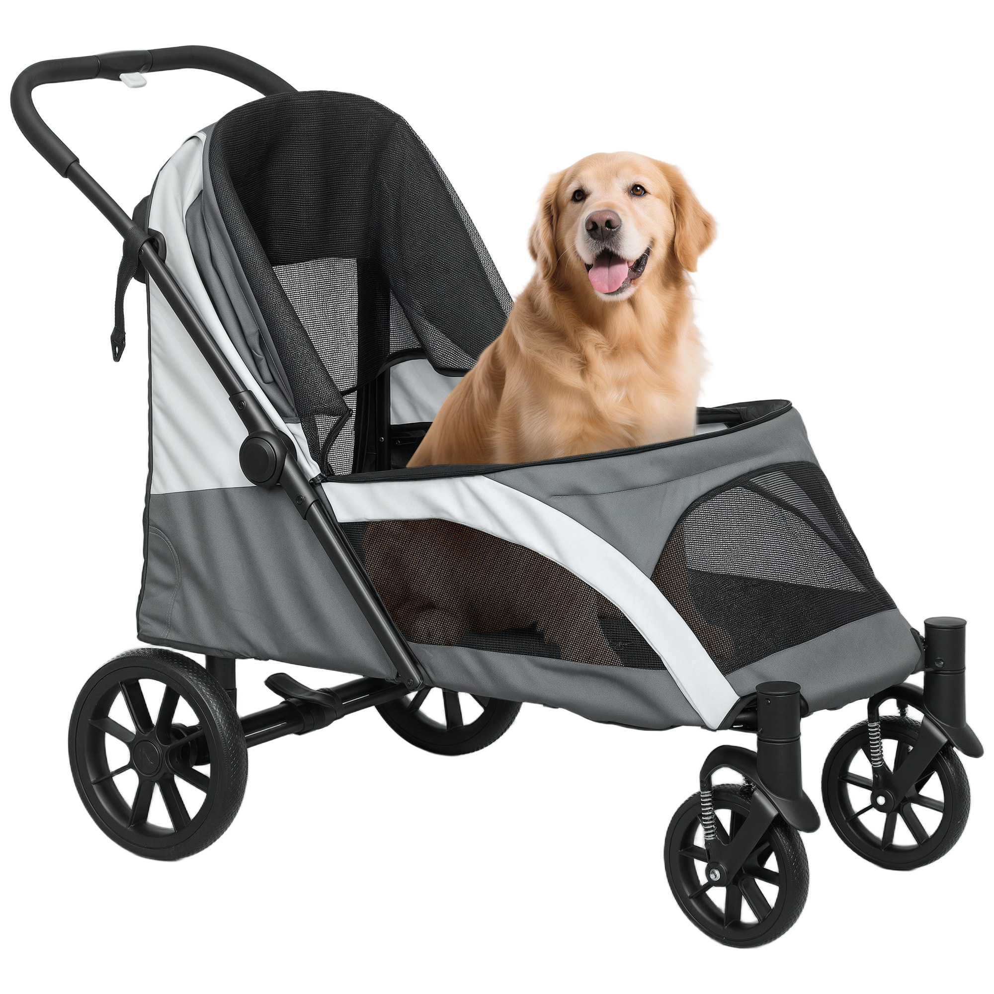 Carrito para Perros Plegable, Cochecito para Perros Grandes con Ventanas de Malla, Cojín Lavable, Correas de Seguridad, Ruedas Amortiguadoras y Bolsas, Carga 30 kg, 124x67x100 cm, Gris Oscuro