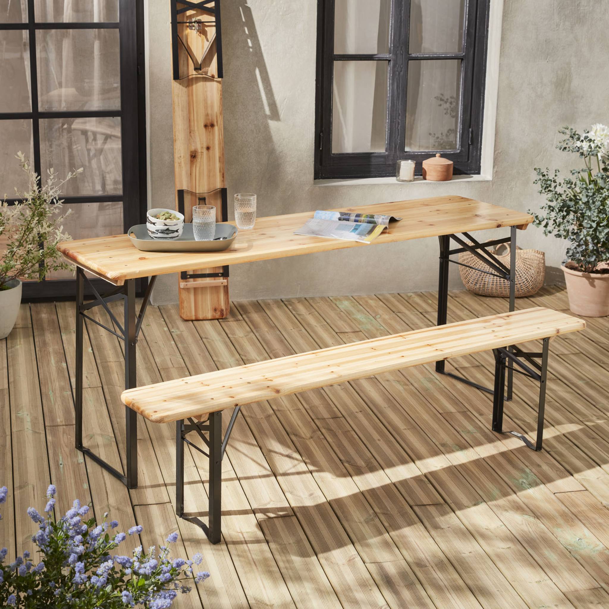 Table de jardin pliante bois de sapin + 2 bancs BAYONNE – Esprit brasserie. pliable. 6 personnes