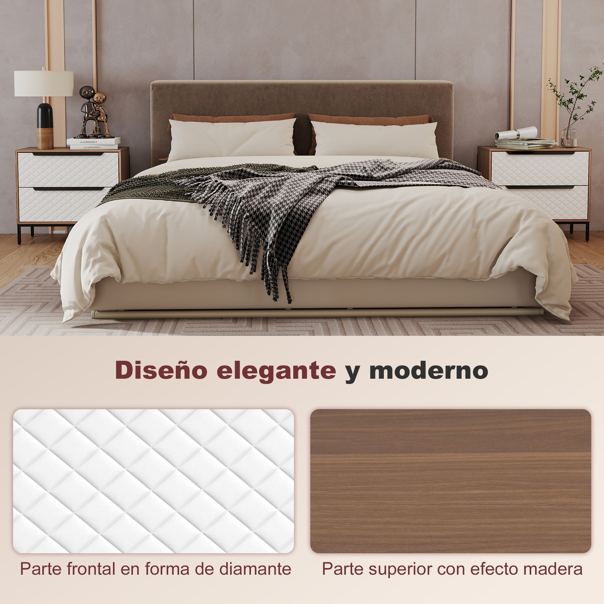 Cómoda con 2 Cajones de Tela, Cómoda para Dormitorio, Frentes con Patrón de Diamante, Cajonera para Salón, Oficina, Vestidor, Natural y Blanco
