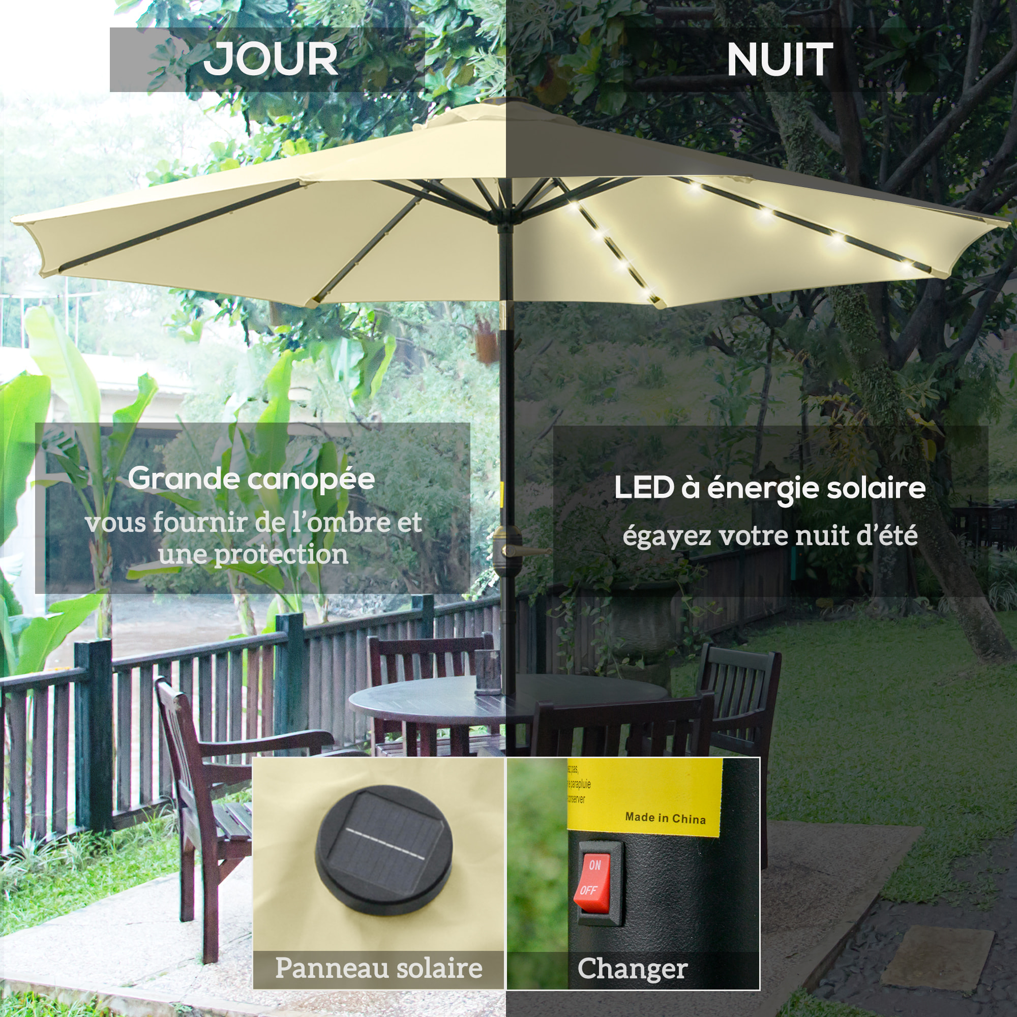 Parasol de jardin inclinable LED dia.265x233cm beige