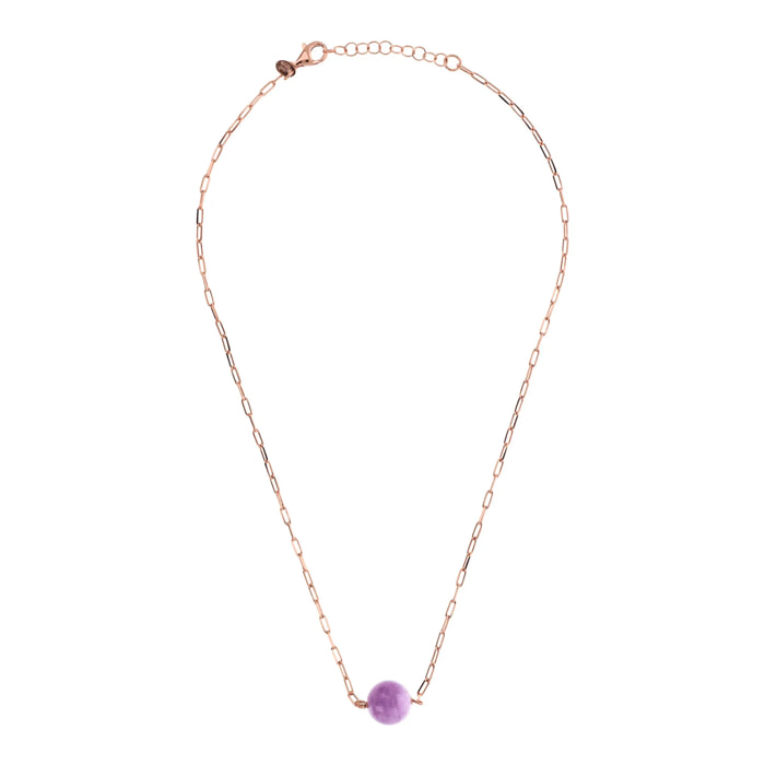 Collana Catena Forzatina con Pendente Sferico in Pietra Naturale Quarzite Viola in Argento 925 placcato Oro rosa 18Kt