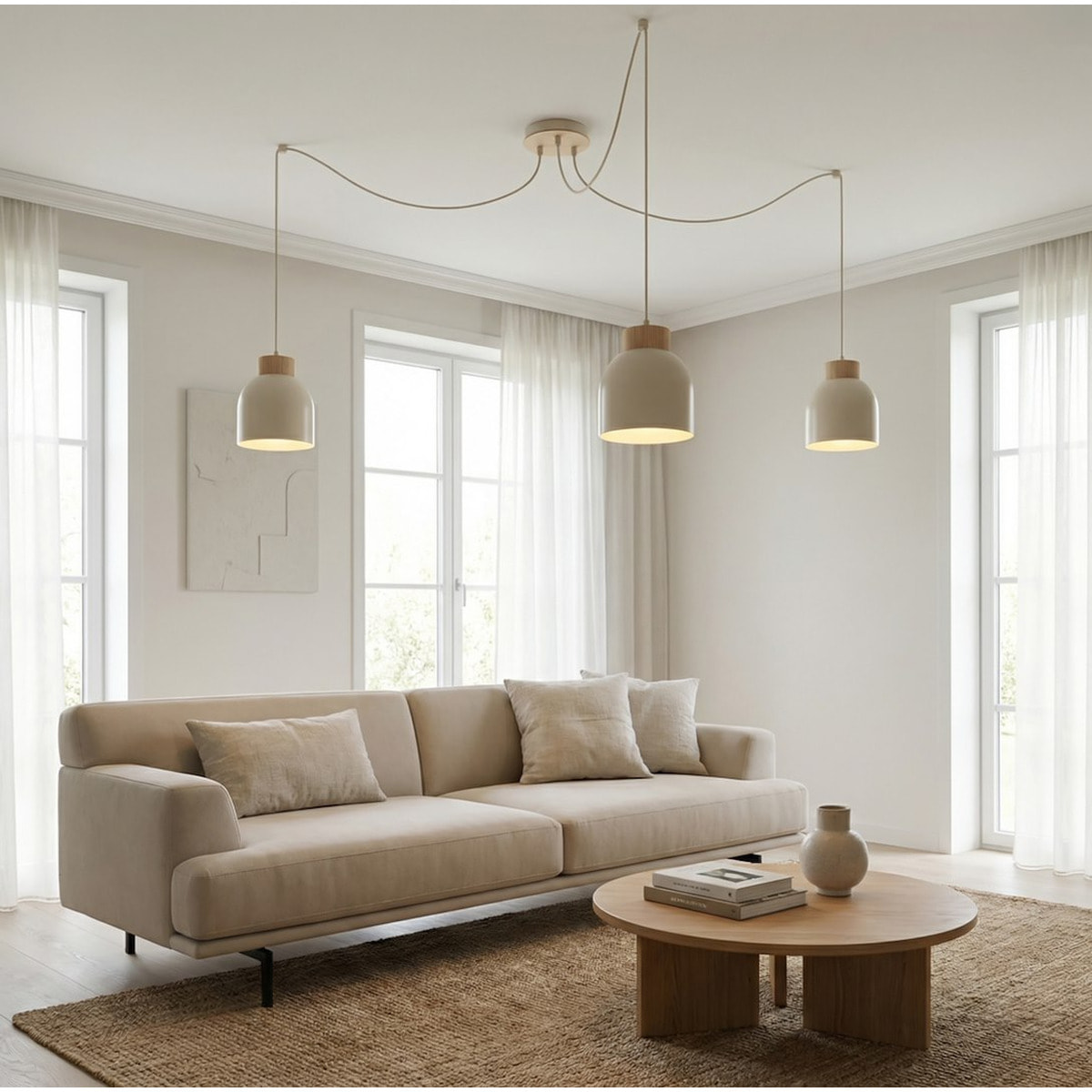 Lampada a sospensione KRU in acciaio beige e legno naturale