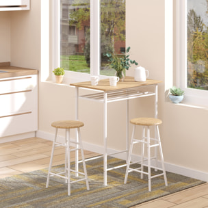 Ensemble table de bar 2 tabourets avec étagère à barreaux métal blanc effet bois clair