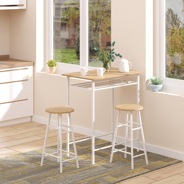 Ensemble table de bar 2 tabourets avec étagère à barreaux métal blanc effet bois clair
