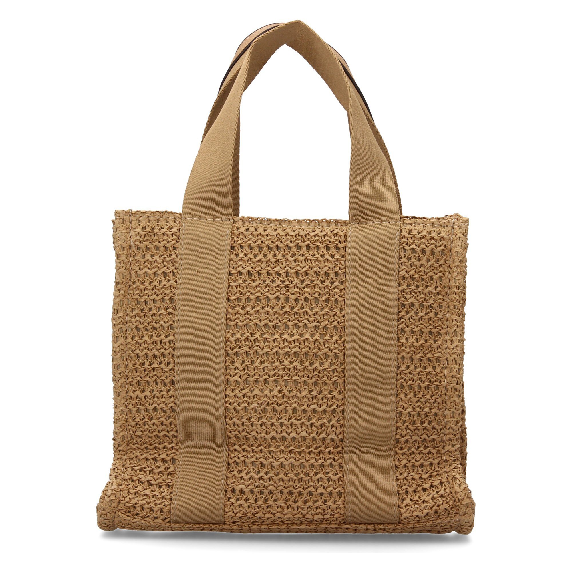 Bolso de hombro para mujer de rafia, diseño moderno con adornos metalicos.