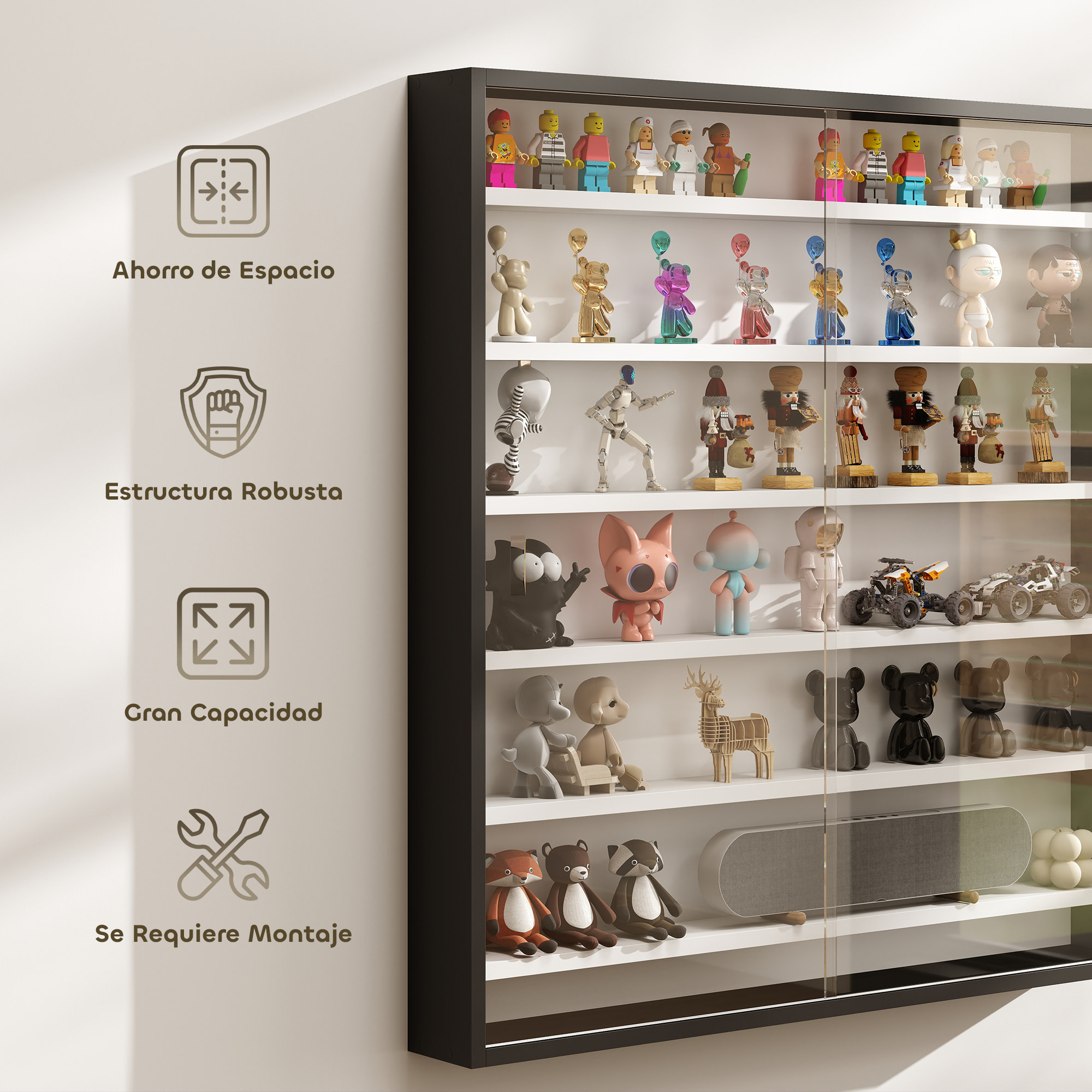 Vitrina Expositora para Colecciones de 7 Niveles, Vitrina de Pared, con Estantes Ajustables y 2 Puertas Correderas de Vidrio, para Perfumes, Figuras de Decoración, 80x9,5x83 cm, Negro