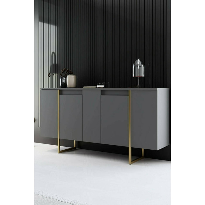 Credenza Arta, Buffet da soggiorno, Madia da salotto, Dispensa da cucina, 160x35h80 cm, Antracite e Oro