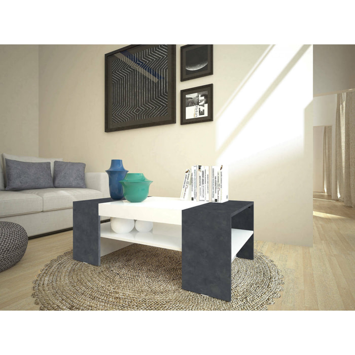 Tavolino da salotto Ashar, Tavolo basso da caffè, Mobiletto portariviste, 100% Made in Italy, cm 110x60h40, Bianco lucido e Ardesia