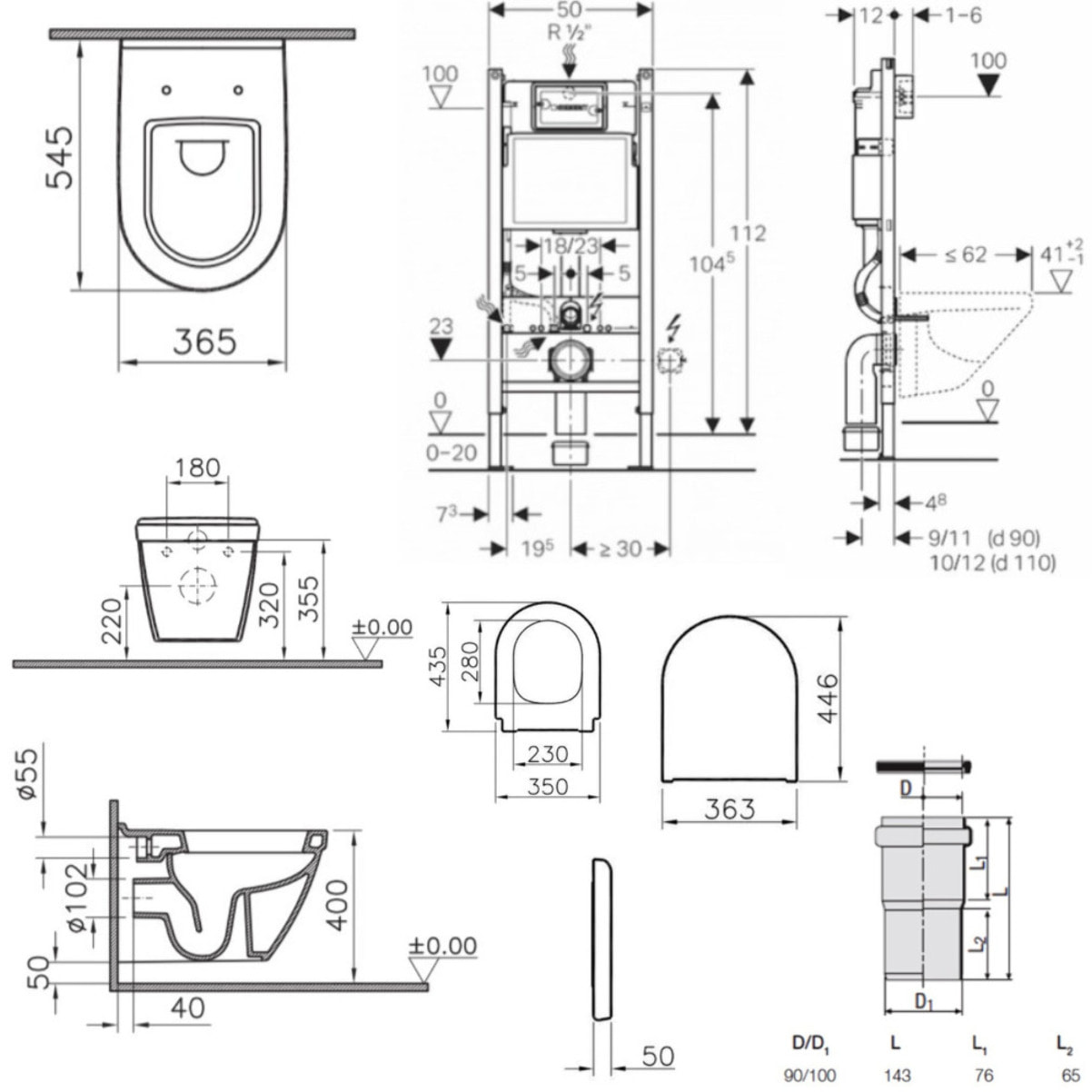 Pack WC Bati-support Geberit Duofix + Cuvette suspendue Vitra S50 avec bride + Abattant soft close + Plaque blanche (S50Geb3/BP)