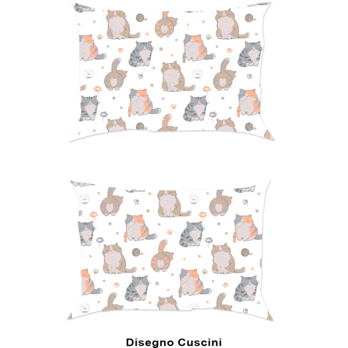 Coppia Federe per cuscini letto GATTI 100% Flanella e Made in Italy fumetto gattini