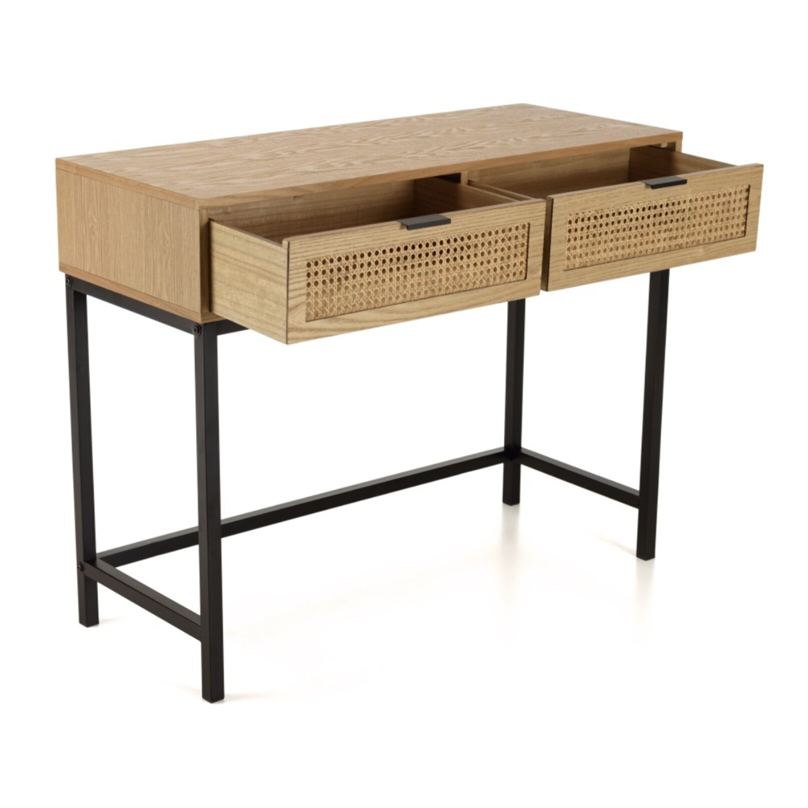 MARCEAU - Console 2 tiroirs cannage naturel pieds métal noir
