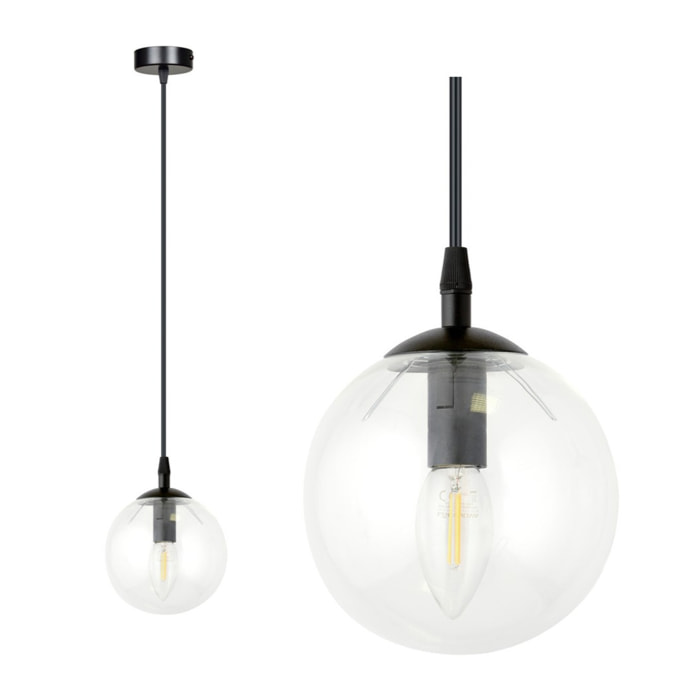 Lampada a sospensione Cosmo in acciaio nero e vetro trasparente