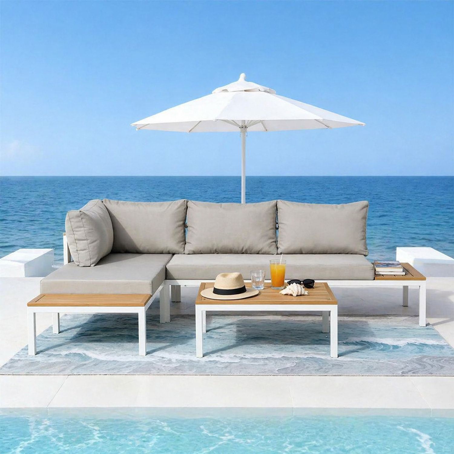 Salon de jardin 3-4 places avec table basse blanc et gris CANEE
