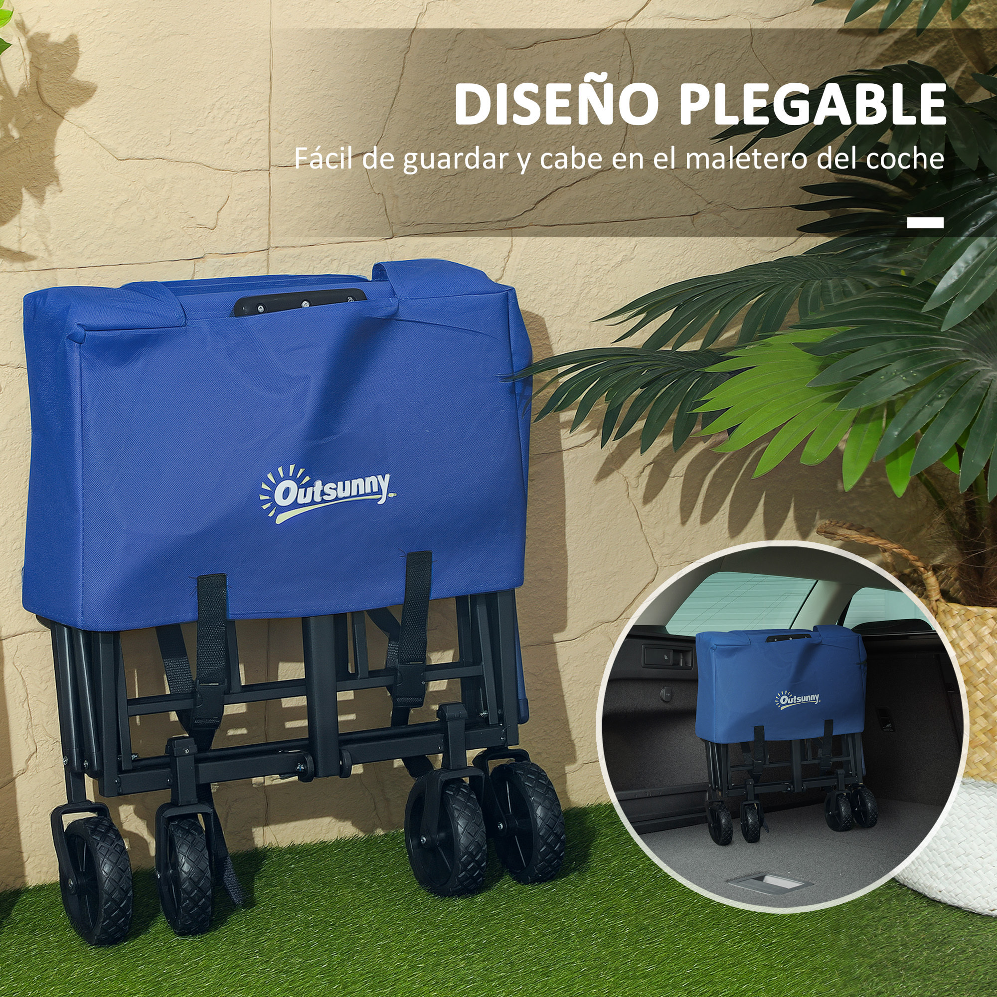 Carro Playa con Ruedas Carro de Jardín Plegable con Asa Telescópica Ajustable 2 Bolsas de Almacenaje Carga 120 kg Carrito Transporte para Todo Terreno Jardín Campaña Compra Azul