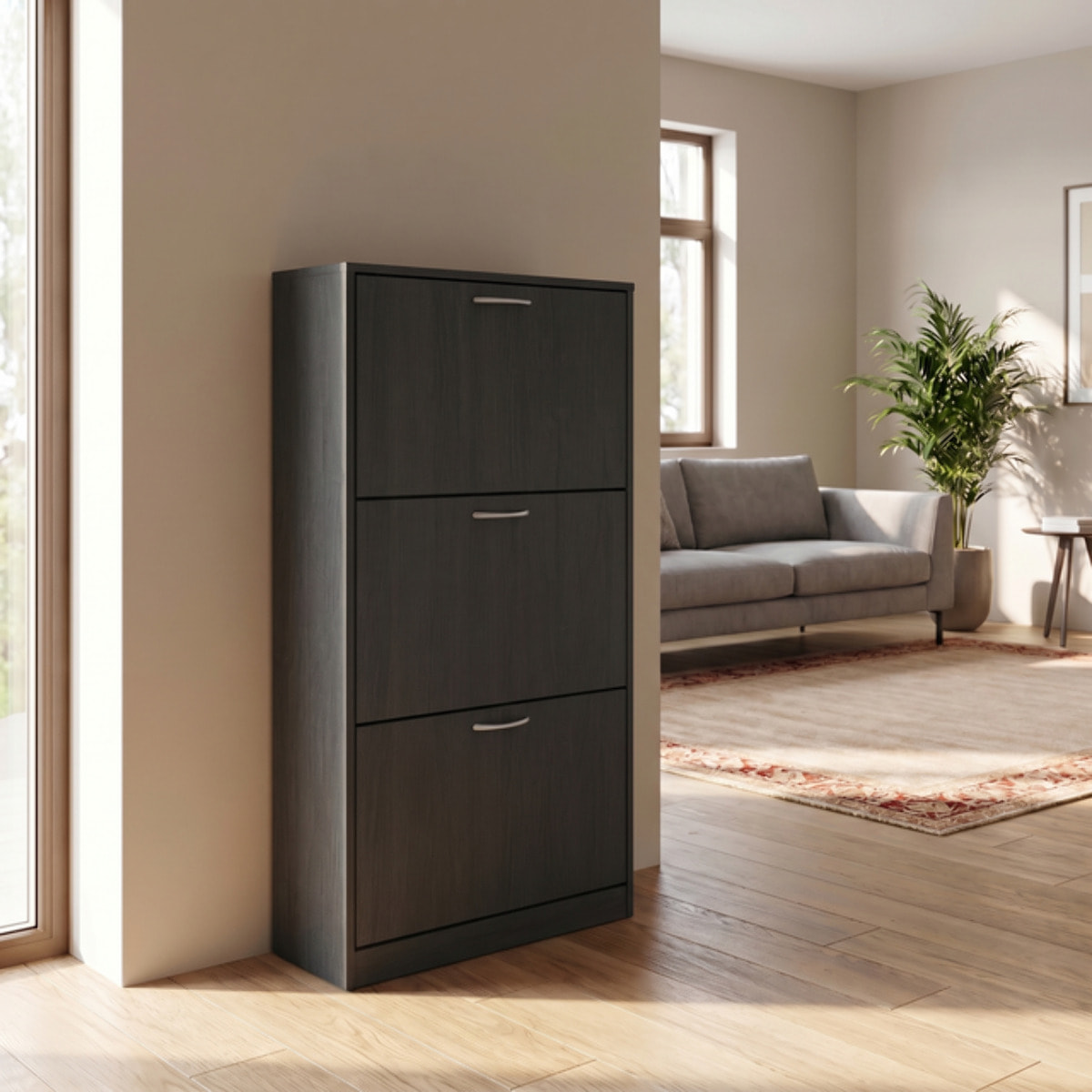 Scarpiera 3 ante salvaspazio in finitura rovere, mobile porta scarpe compatto fino a 18 paia, design moderno e funzionale, ideale per ingresso e corridoio, struttura resistente, facile da montare con istruzioni e accessori inclusi