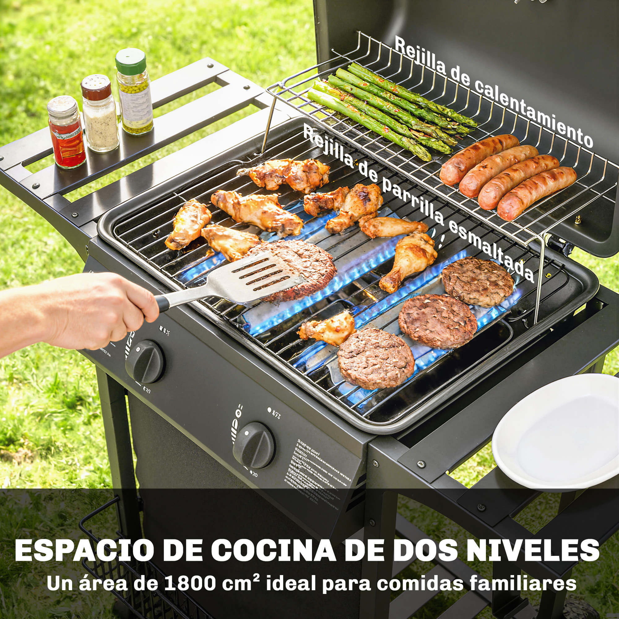 Barbacoa de Gas BBQ Gas con 2 Quemadores 5 kW, Barbacoa Portátil con Termómetro, Mesas Laterales, Estante, Rejilla Calentadora, Encendido Piezoeléctrico, Bandeja de Grasa y 2 Ruedas, Negro