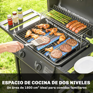 Barbacoa de Gas BBQ Gas con 2 Quemadores 5 kW, Barbacoa Portátil con Termómetro, Mesas Laterales, Estante, Rejilla Calentadora, Encendido Piezoeléctrico, Bandeja de Grasa y 2 Ruedas, Negro