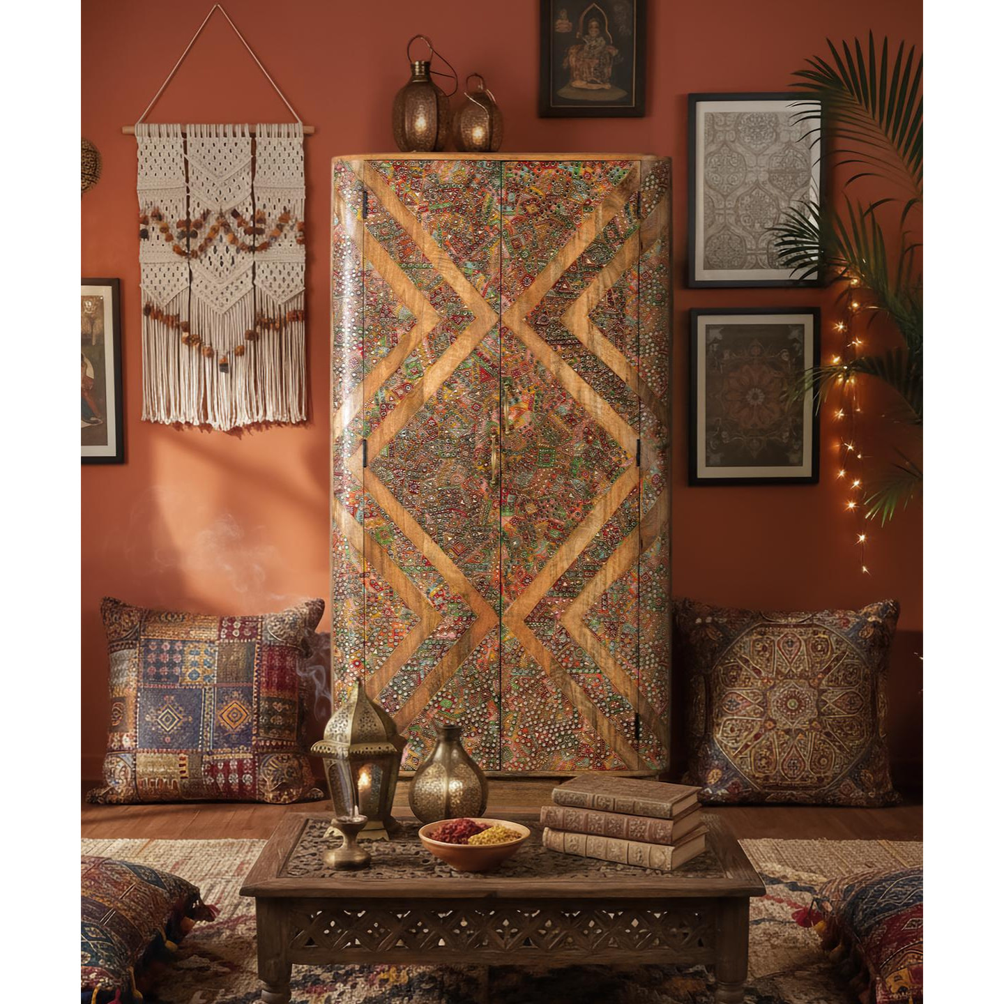 Armario de Madera de Mango 90 Cm Estilo Boho Étnico