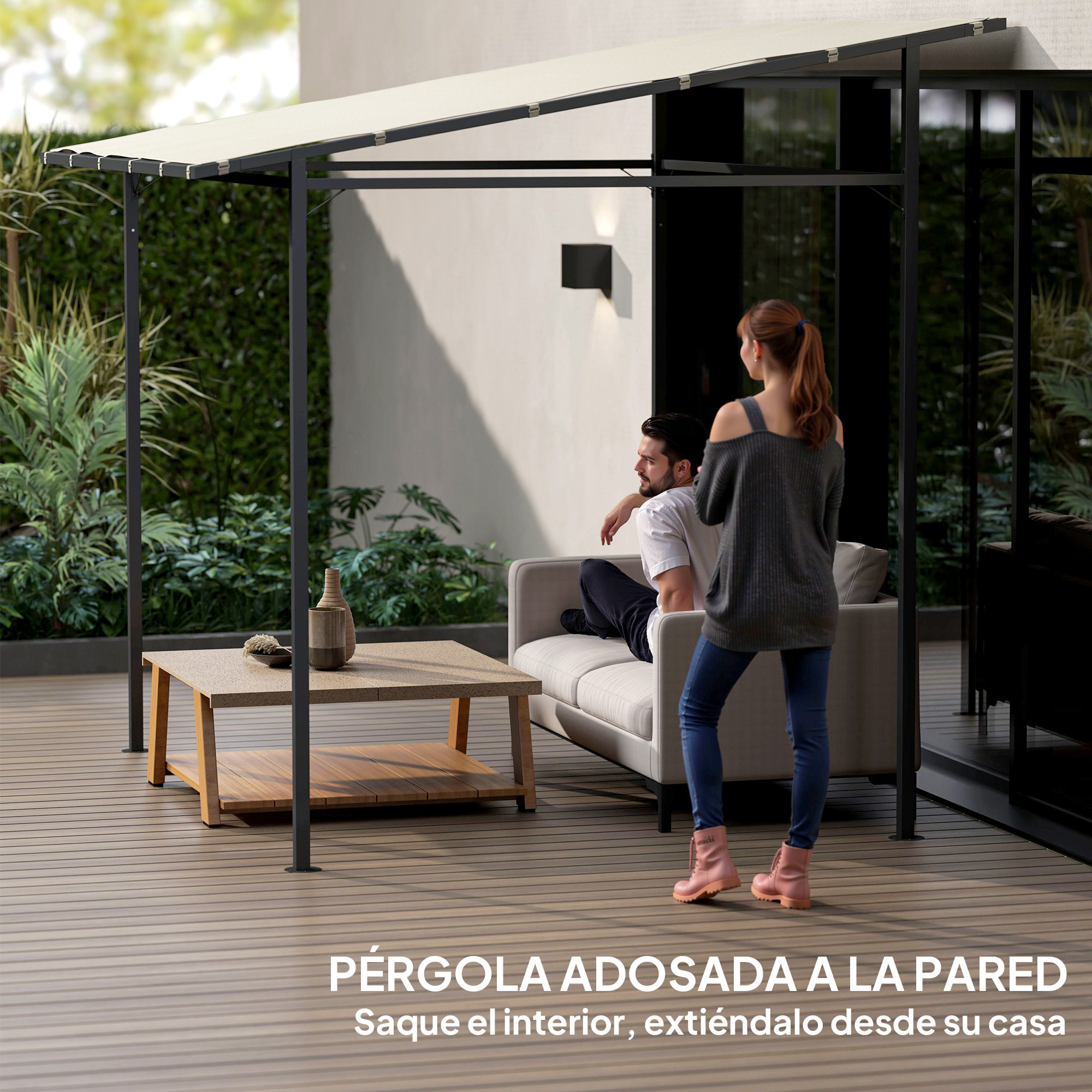 Pérgola de Pared 2,4x2,4 m Cenador de Jardín con Techo Inclinado Protección UV 30+ Impermeable y Marco de Metal para Patio Terraza Balcón Crema