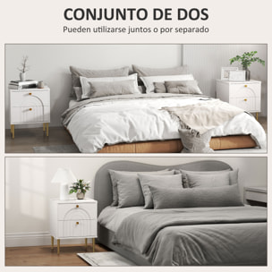 Pack de 2 Mesitas de Noche Mesillas de Noche Dormitorio con 2 Cajones y Patas de Acero Estilo Moderno 40x35x50 cm Blanco