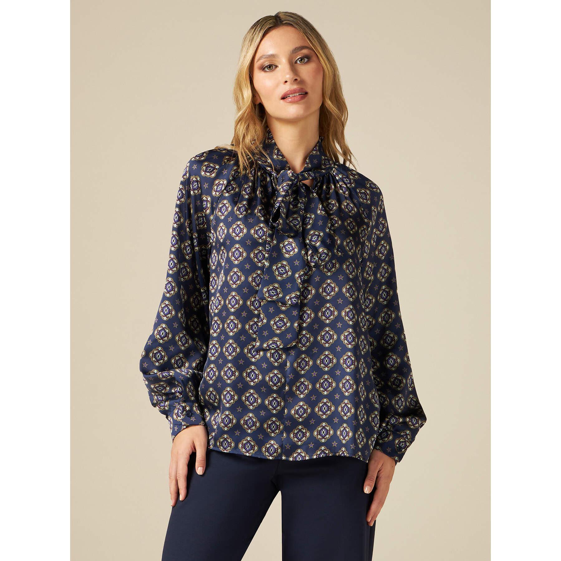 Oltre - Blusa de raso estampada con lazo - Azul