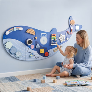 Tablero Sensorial Montessori, Tema Ballena, Busy Board, Panel Sensorial Montessori 13 en 1 de Pared, Juguetes de Aprendizaje para Niños y Niñas +2 Años, Azul