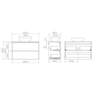 Conjunto de Baño Kaji | Mueble de Baño Suspendido | 100 cm Blanco| Dos Cajones | Lavabo Ovalado sobre Encimera | No incluye Espejo | Alday