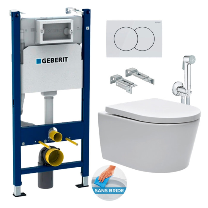 Pack WC sans bride SAT, fixations invisibles + Abattant softclose + Bâti support Geberit UP100 + Plaque + Douchette Grohe