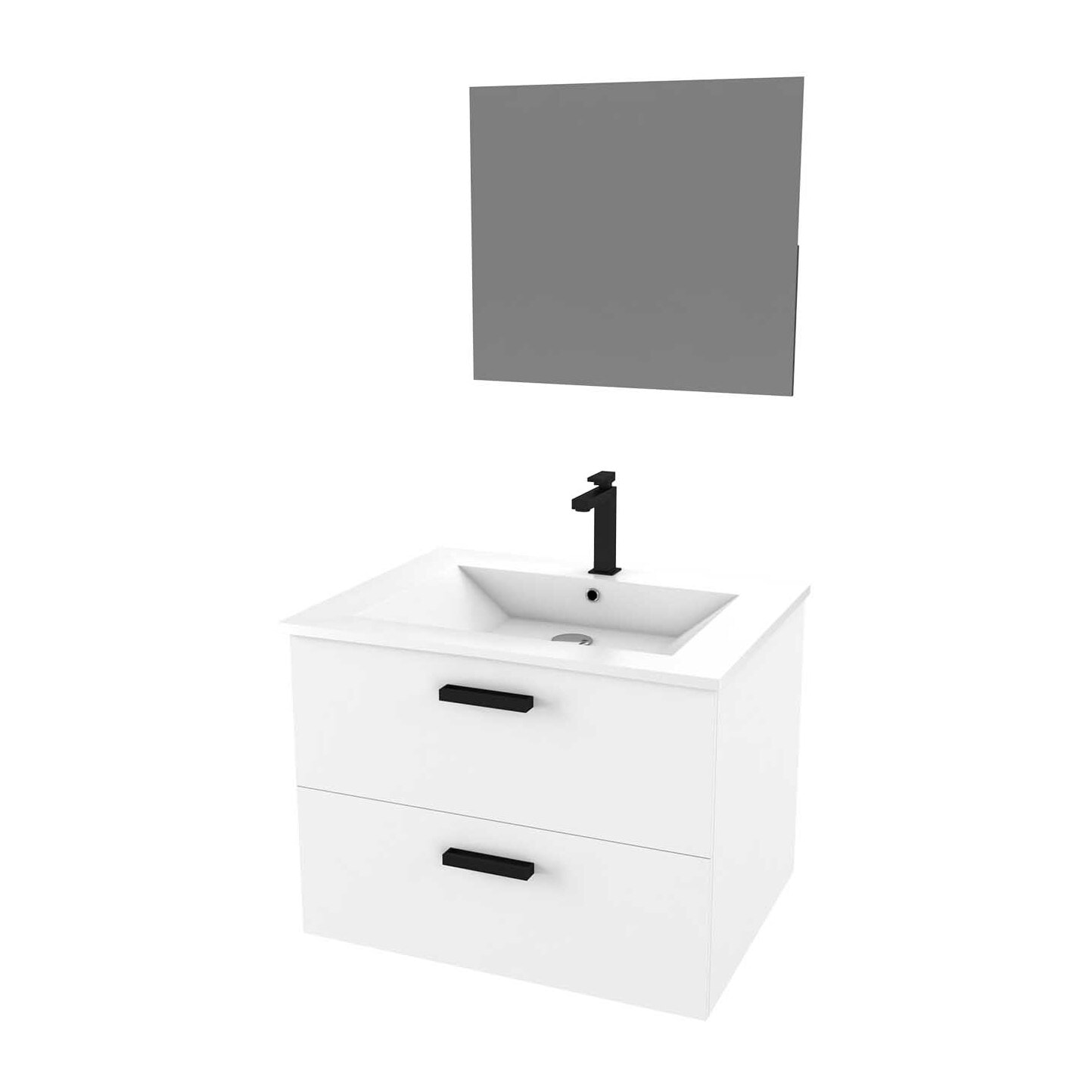 Meuble salle de bain 60 cm suspendu 2 tiroirs Blanc avec vasque et miroir - BOX-IN