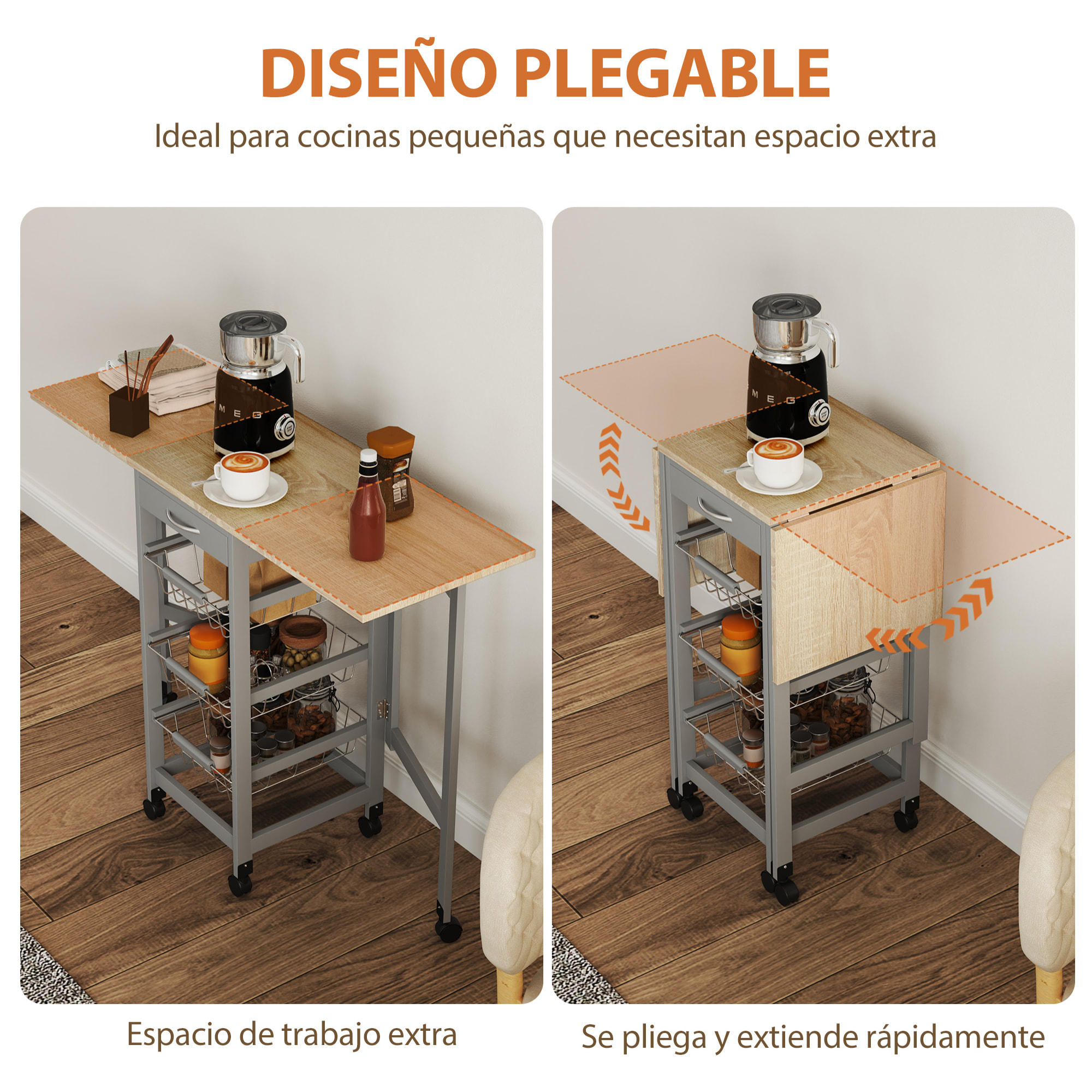 Carrito de Cocina con Alas Plegable, Carrito Auxiliar con Ruedas, Verdulero con Cajón y 3 Cesta de Metal, 97,2x37x77,5 cm, Gris y Roble