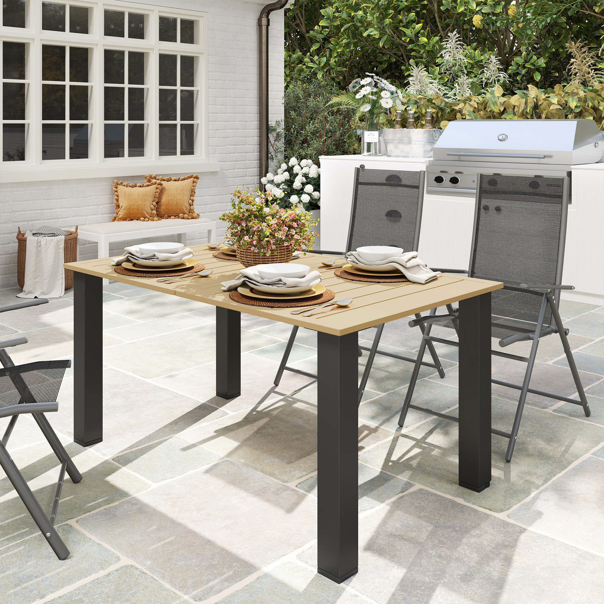 Mesa de Jardín Rectangular Mesa de Terraza Exterior 150x90x73 cm con Patas de Acero Orificio para Sombrilla y Diseño de Listones Carga 70 kg para Terraza Patio Marrón