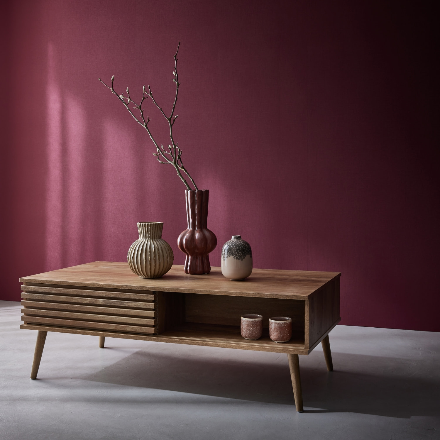 Table basse scandinave rectangulaire décor bois rainuré 1 porte coulissante MADERE