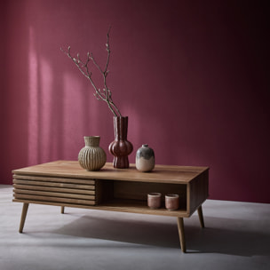 Table basse scandinave rectangulaire décor bois rainuré 1 porte coulissante MADERE