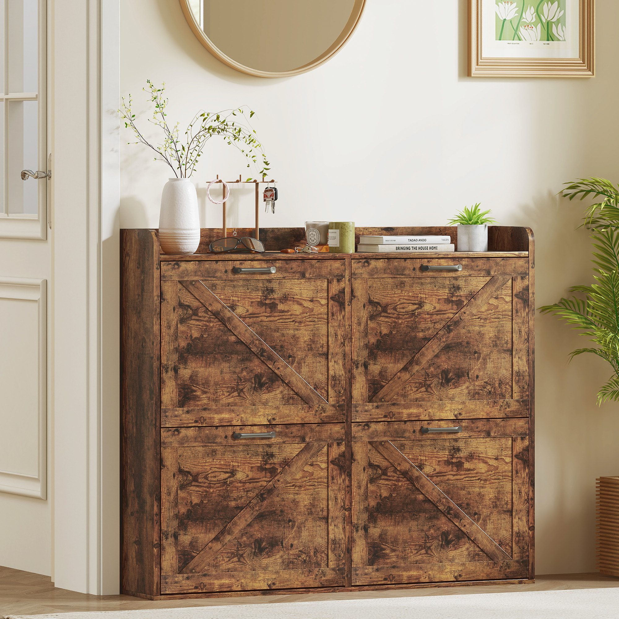 Mueble Zapatero de 4 Puertas Zapatero Estrecho con Estantes Ajustables Estilo Industrial para 24 Pares de Zapatos Mueble Auxiliar para Recibidor Entrada 120x24x103 cm Marrón Rústico