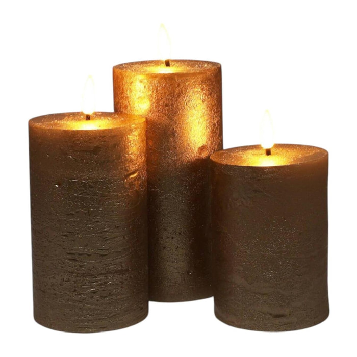 set de 3 velas led en color oro de superficie rústica