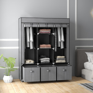 Armoire penderie pliable 5 étagères 2 tringles 3 tiroirs tissu gris